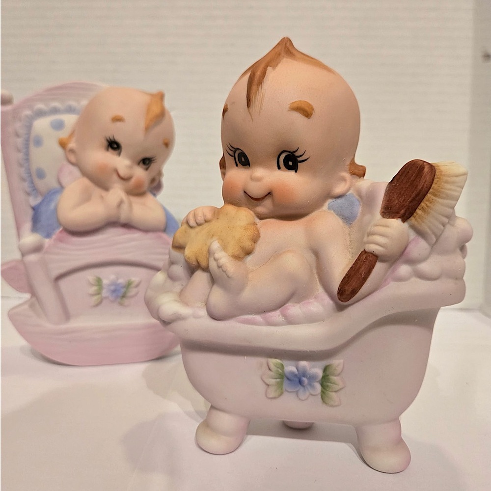 Vintage Lefton Baby Figurines Japan – Nursery Bathtub & Rocking Chair Set